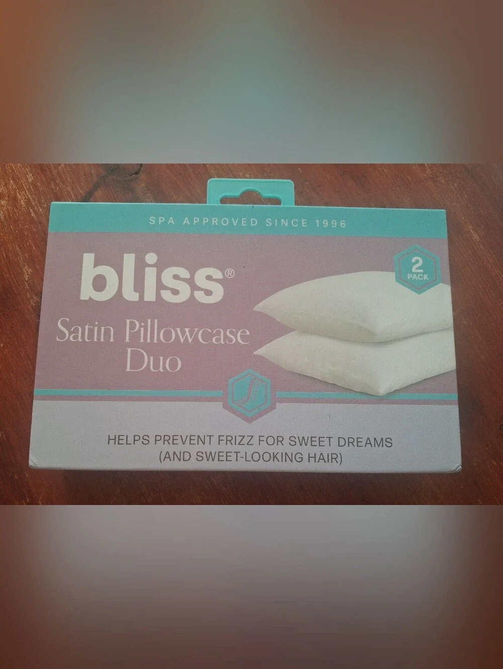 Bliss Satin Pillowcase Duo - White with Teal & Mauve Packaging